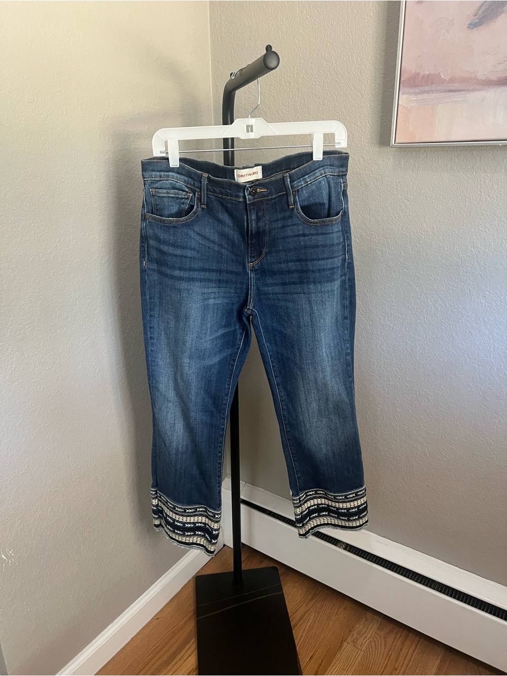 DRIFTWOOD Dark Blue Cropped Jeans with Embroidered Ankle Trim